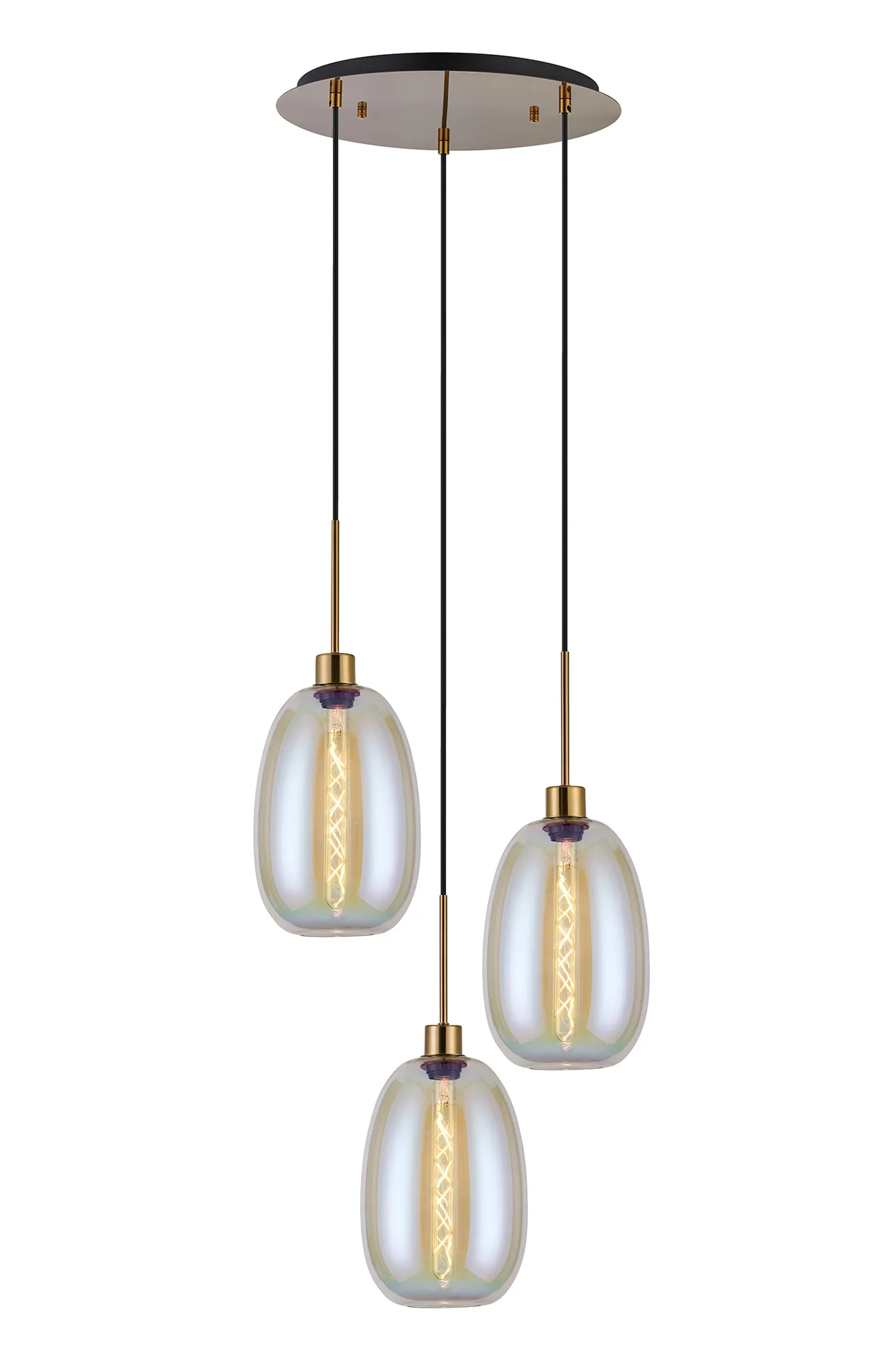 DK1175  Lori 40cm Round Pendant, 3 Light Adjustable E27, Antique Gold/Iridescent Slim Curved Trapezium Shades